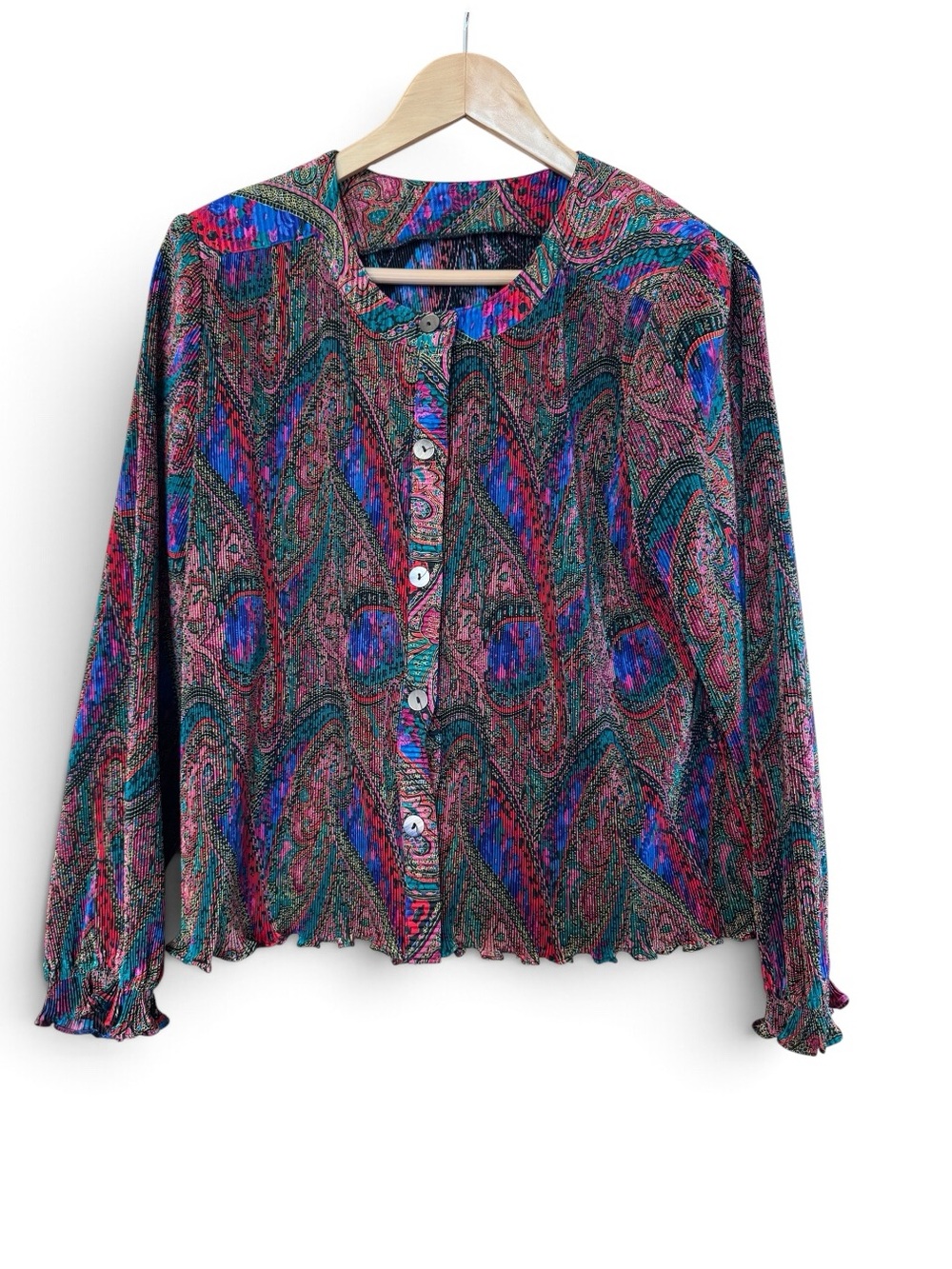 Vintage Plisse Micro Pleated Paisley Blouse Button Up Colorful 90s Whimsygoth